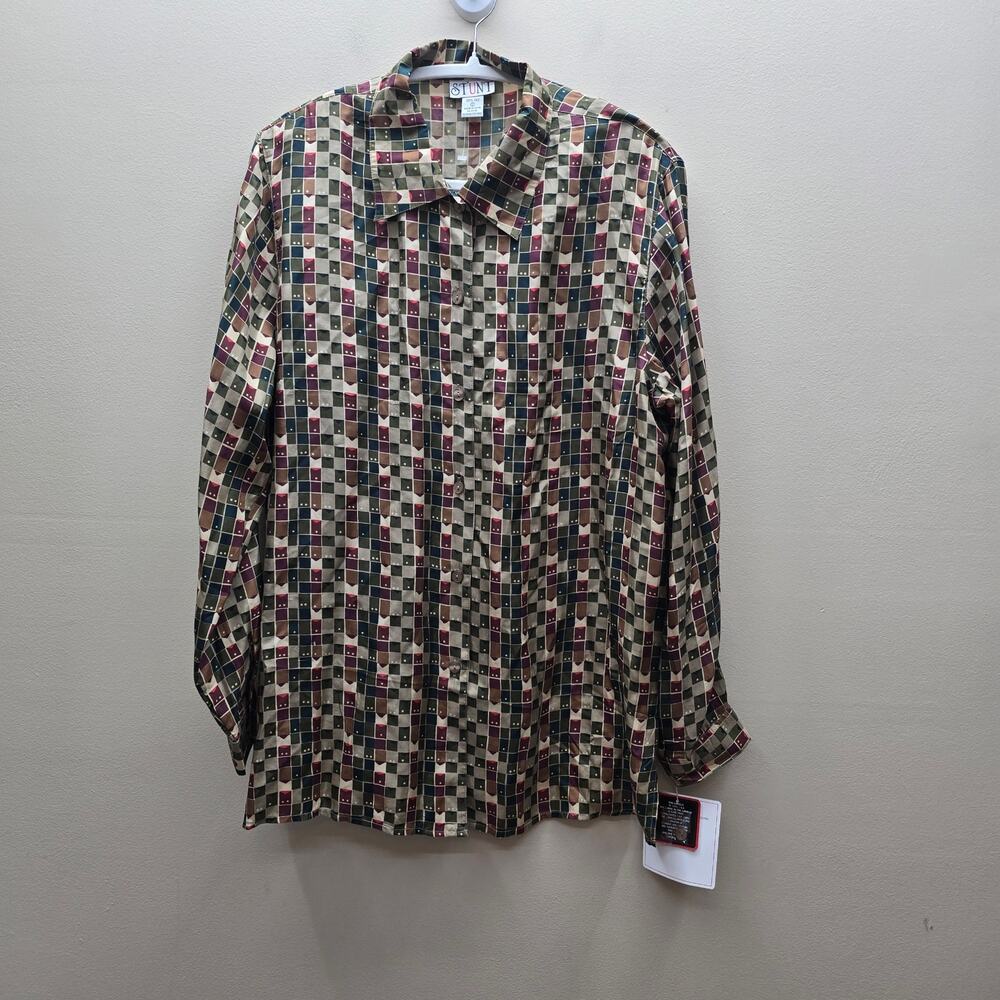 VTG Stunt NWT 100% Silk Geometric Button Up Blouse Shirt Top Multicolor SZ Large